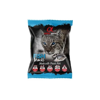 Alpha Spirit 'Fish Snacks' Leckerli-Tüte mit Wildkatzen-Gesicht, Fischbildern und Text 'FISH Snacks – hergestellt mit frischem Fisch'