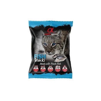 Alpha Spirit 'Fish Snacks' Leckerli-Tüte mit Wildkatzen-Gesicht, Fischbildern und Text 'FISH Snacks – hergestellt mit frischem Fisch'