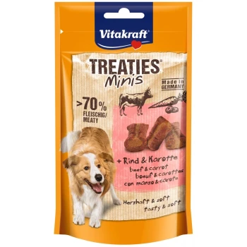 Emballage des friandises Vitakraft Treaties Minis pour chiens avec un fond jaune, images de boeuf et de carottes, et >70% de viande, fabriqué en Allemagne.