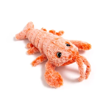 Ein plüschiger orangefarbener Hummer-Spielzeug mit weichem Fell, großen Augen und detaillierten Beinen, ideal für Haustiere zum Spielen.