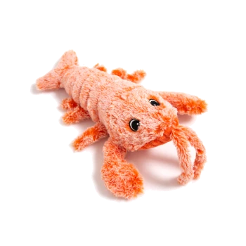 Ein plüschiger orangefarbener Hummer-Spielzeug mit weichem Fell, großen Augen und detaillierten Beinen, ideal für Haustiere zum Spielen.