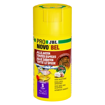 Żółty cylindryczny pojemnik karmy dla ryb JBL Pro Novo Bel, z obrazkami ryb, tekstem "2% Czosnek" i "Prebiotyk".