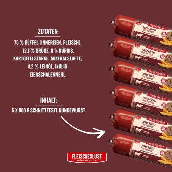 Sechs rote FLEISCHESLUST ‚Purer Büffel‘ Hundewürste mit sichtbarer Zutatenliste ‚ZUTATEN‘ und Hinweis ‚Inhalt: 6 x 800 g‘.