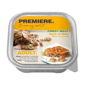 Adult Gelee Reich an Huhn 16x100 g Verpackung für Katzenfutter mit einer verspielten getigerten Katze, beschriftet mit "Premiere. Ich liebe meine Katze," mit "Feinster Gelee" und "Reich an Huhn" in mehreren Sprachen.