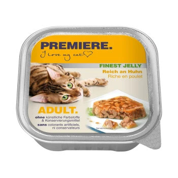 Verpackung für Katzenfutter mit einer verspielten getigerten Katze, beschriftet mit "Premiere. Ich liebe meine Katze," mit "Feinster Gelee" und "Reich an Huhn" in mehreren Sprachen.