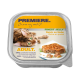 Verpackung für Katzenfutter mit einer verspielten getigerten Katze, beschriftet mit "Premiere. Ich liebe meine Katze," mit "Feinster Gelee" und "Reich an Huhn" in mehreren Sprachen.