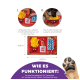 Bild eines Hundepuzzle-Spielzeugs mit einem Hot-Dog- und Pommes-Design. Anweisungen auf Deutsch erklären, wie man Leckerlis versteckt und Hunde sie finden lässt.