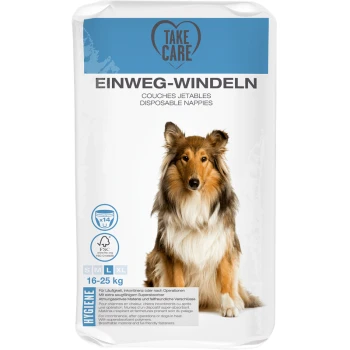 Emballage de couches jetables pour chiens présentant un chien colley, étiqueté "Take Care", avec du texte en allemand et en français, adapté pour les chiens de 16 à 25 kg.