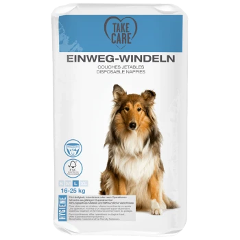 Verpakking van wegwerphondenluiers met een collie hond, gelabeld "Take Care," met tekst in het Duits en Frans, geschikt voor honden van 16-25 kg.