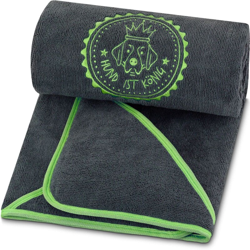 Hund Ist KÖNig ® Hundehandtuch Extra Saugfähig | Hunde Handtuch Aus Mikrofaser Mit 4 Eingriffen Grau/ Grün