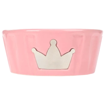 Pink ceramic pet bowl with a silver crown design on the front, featuring vertical ribbed texture.