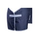 Marineblaue Tierjacke mit weißem Besatz und vorderem Verschluss, entworfen für Wärme und Komfort.