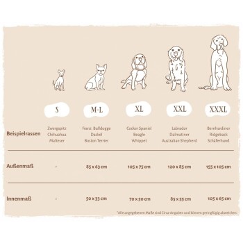 Bild von vier Hunderassen (Französische Bulldogge, Beagle, Golden Retriever, Deutsche Dogge) mit einer Größentabelle für M-XXXL Haustierprodukte.