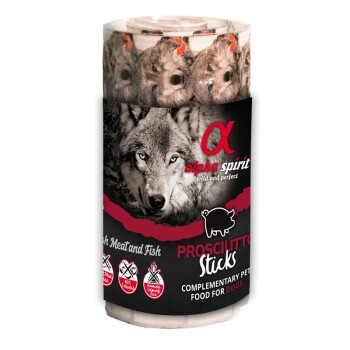 Alpha Spirit Prosciutto Sticks Hundesnack-Röhre mit Wolfsbild, Schweinesymbol und sichtbarem Text 'alpha spirit', 'Prosciutto Sticks'.