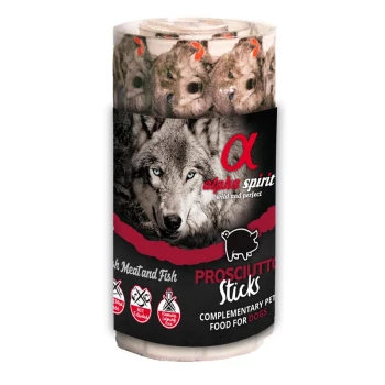 Alpha Spirit Prosciutto Sticks Hundesnack-Röhre mit Wolfsbild, Schweinesymbol und sichtbarem Text 'alpha spirit', 'Prosciutto Sticks'.