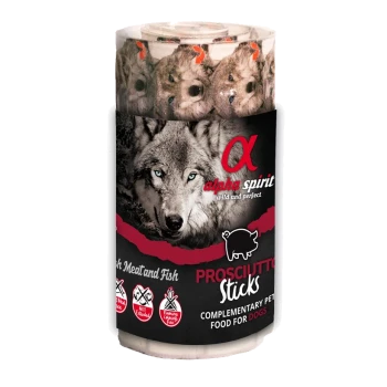 Alpha Spirit Prosciutto Sticks Hundesnack-Röhre mit Wolfsbild, Schweinesymbol und sichtbarem Text 'alpha spirit', 'Prosciutto Sticks'.