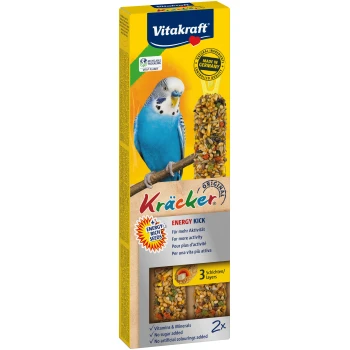 Bunte Vitakraft Kräcker Vogelsnacks-Box mit einem blauen Wellensittich. Hebt "Energie-Kick", "Vitamine & Mineralien" und keine zugesetzten Zucker oder Farben hervor.