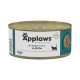 Dose Applaws Naturkatzenfutter, beschriftet mit "Meeresfisch in Brühe," 156g, mit einer Katzensilhouette und einer Grafik von Fischen.