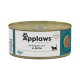 Dose Applaws Naturkatzenfutter, beschriftet mit "Meeresfisch in Brühe," 156g, mit einer Katzensilhouette und einer Grafik von Fischen.