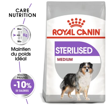 Sac de nourriture pour chiens Royal Canin Sterilised Medium, présentant la silhouette d'un chien, avec un texte indiquant une nutrition de soin et un maintien du poids.