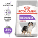 Sac de nourriture pour chiens Royal Canin Sterilised Medium, présentant la silhouette d'un chien, avec un texte indiquant une nutrition de soin et un maintien du poids.