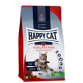 Happy Cat Adult Katzenfutterbeutel mit bayerischem Rindfleisch, mit einer getigerten Katze auf der Vorderseite, beschriftet mit "XL" und "glutenfreies Rezept."