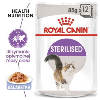 Torebka karmy dla kotów Royal Canin Sterilised, z ilustracją biegającego kota, z tekstem podkreślającym zdrowe odżywianie i optymalne utrzymanie wagi.