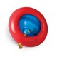 Red and blue KONG pet toy with kibble pieces spilling out, designed for interactive play and mental stimulation for pets.