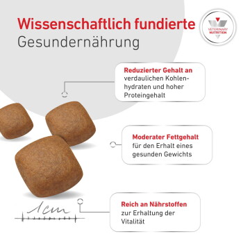Tierfutter-Kroketten mit deutscher Überschrift 'Wissenschaftlich fundierte Gesundernährung', Hervorhebungen: reduzierte Kohlenhydrate, moderater Fettgehalt, nährstoffreich; 'Veterinary Nutrition'-Logo