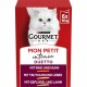 Purina Gourmet Mon Petit Intense Duetto Katzenfutterverpackung mit einer weißen Katze, die Rindfleisch-, Hähnchen-, Truthahn-, Leber-, Geflügel- und Lammgeschmack enthält.