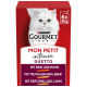 Purina Gourmet Mon Petit Intense Duetto Katzenfutterverpackung mit einer weißen Katze, die Rindfleisch-, Hähnchen-, Truthahn-, Leber-, Geflügel- und Lammgeschmack enthält.