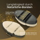 Zwei ovale Haustierpflegebürsten mit Naturborsten und schwarzem Rücken; deutscher Text: 'Langlebigkeit durch natürliche Borsten'.
