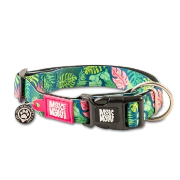 Buntes Hundehalsband mit tropischem Blattmuster, schwarzer Schnalle, Metallring und Anhängern mit der Aufschrift „Max & Molly Urban Pets“ und „Ich bin verloren! Bitte bring mich zurück!“