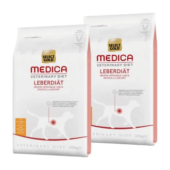 Dwie torby Select Gold Medica Veterinary Diet Leberdiät, po 10 kg każda, oznaczone dla diety wątrobowej z tekstem w wielu językach.