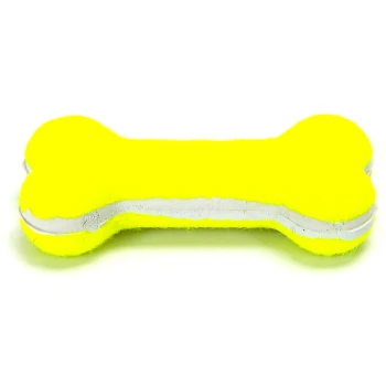 Helles gelbes Hundespielzeug in Form eines Knochens, mit einer weichen Textur und silbernen Akzenten.