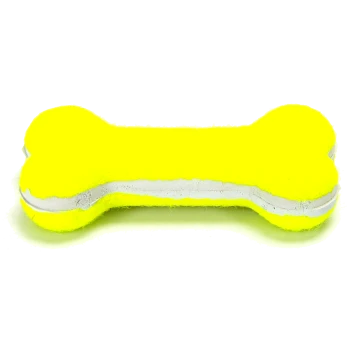 Helles gelbes Hundespielzeug in Form eines Knochens, mit einer weichen Textur und silbernen Akzenten.
