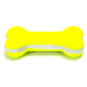 Helles gelbes Hundespielzeug in Form eines Knochens, mit einer weichen Textur und silbernen Akzenten.
