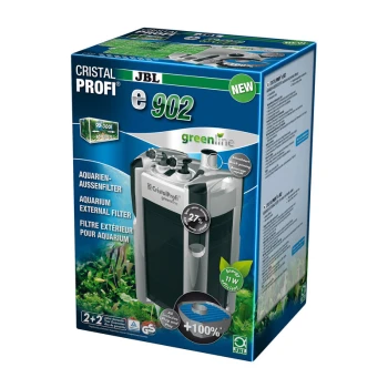 Verpackung des JBL CristalProfi e902 Außenfilters für Aquarien, mit einem Greenline-Logo, Energieeffizienzanspruch und mehrsprachigem Text.