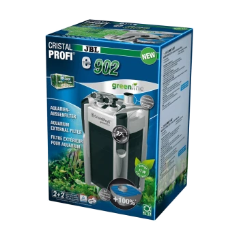 Emballage du filtre externe pour aquarium JBL CristalProfi e902, avec un logo greenline, une revendication d'efficacité énergétique et un texte multilingue.