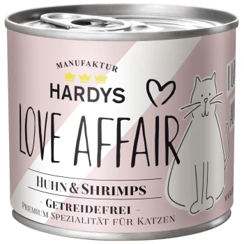 Eine Dose Hardys "Love Affair" Katzenfutter mit Huhn und Garnelen, als getreidefrei gekennzeichnet, mit einer verspielten Katzenillustration.