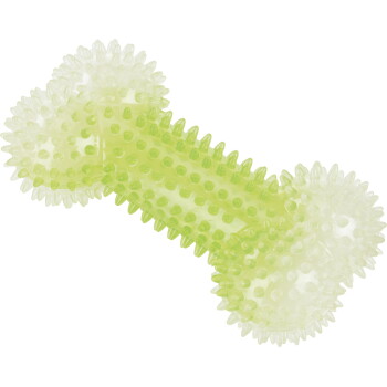 Transluzenter limonengrüner stacheliger Gummi-Kauknochen mit strukturierten, knubbeligen Enden.