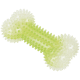Jouet à mâcher en caoutchouc translucide vert citron avec picots et extrémités bosselées texturées.