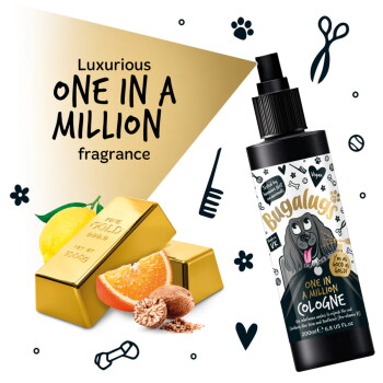Schwarze Sprühflasche mit dem Etikett "One in a Million Cologne" mit einem Foto eines Hundes und einem Text, der das Produkt und die Marke vorstellt.