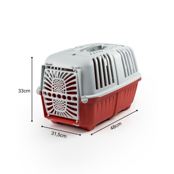 Eine rote und graue Tragetasche für Haustiere mit beschrifteten Abmessungen: 33 cm Höhe, 31,5 cm Breite und 48 cm Länge.