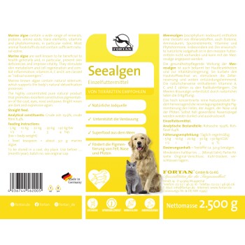 Meeresalgenpräparat für Haustiere, das die Gesundheit des Fells und die Entgiftung fördert. Enthält Nährwertinformationen und Fütterungshinweise. 2.500 g.