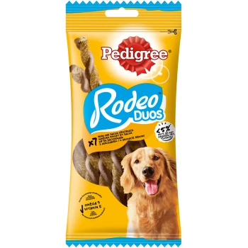 Przysmaki dla psów Pedigree Rodeo Duos, smak kurczaka i boczku, 7 sztuk, z Omega 3 i witaminą E, poniżej 5% tłuszczu.
