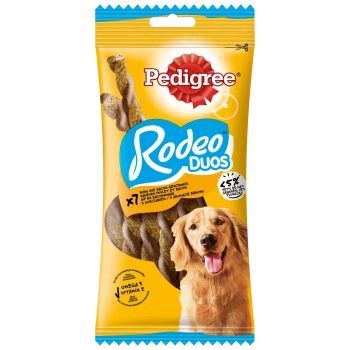 Friandises pour chiens Pedigree Rodeo Duos, saveur poulet et bacon, 7 pièces, avec Oméga 3 et vitamine E, moins de 5 % de matières grasses.