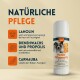 Hunde-Pflegebalsam-Produkt mit natürlichen Zutaten: Lanolin, Bienenwachs, Propolis und Carnauba, mit einem Hundebild und Text auf Deutsch.