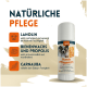 Hunde-Pflegebalsam-Produkt mit natürlichen Zutaten: Lanolin, Bienenwachs, Propolis und Carnauba, mit einem Hundebild und Text auf Deutsch.