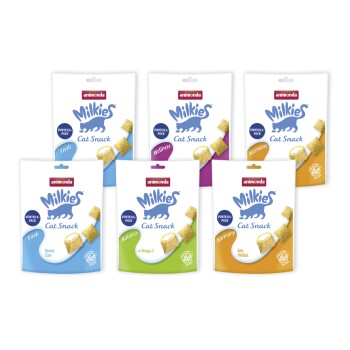 Sechs Animonda Milkies Katzen-Snack-Beutel mit 'animonda' und 'Milkies Cat Snack'-Logo sowie Geschmacksangaben (Fresh, Wellness, Balance, Harmony).